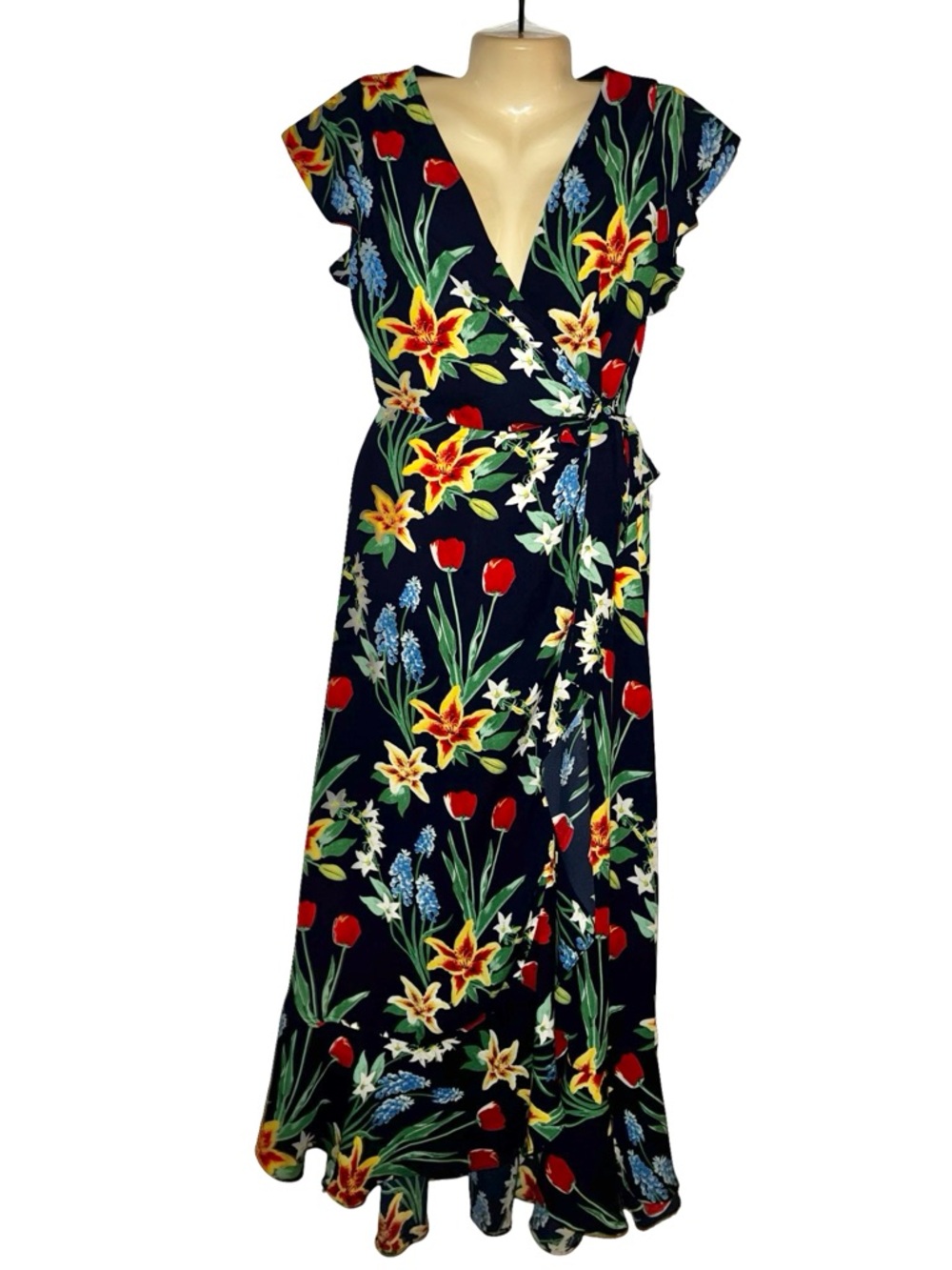 New York & Company Floral Wrap Maxi Dress with Red and Yellow Blooms formal